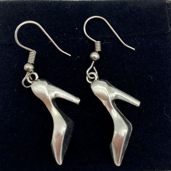 Silver High Heel Shoe Earrings - Picture 2 of 12